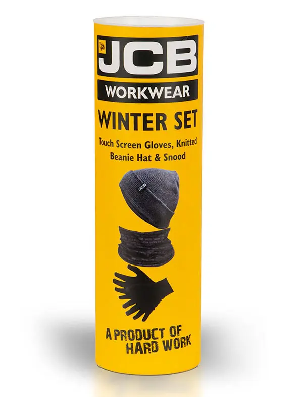 JCB WINTER SET – Žiemos rinkinys su kepure, darbo pirštinėmis ir daugiafunkciu šaliku (snoodu)